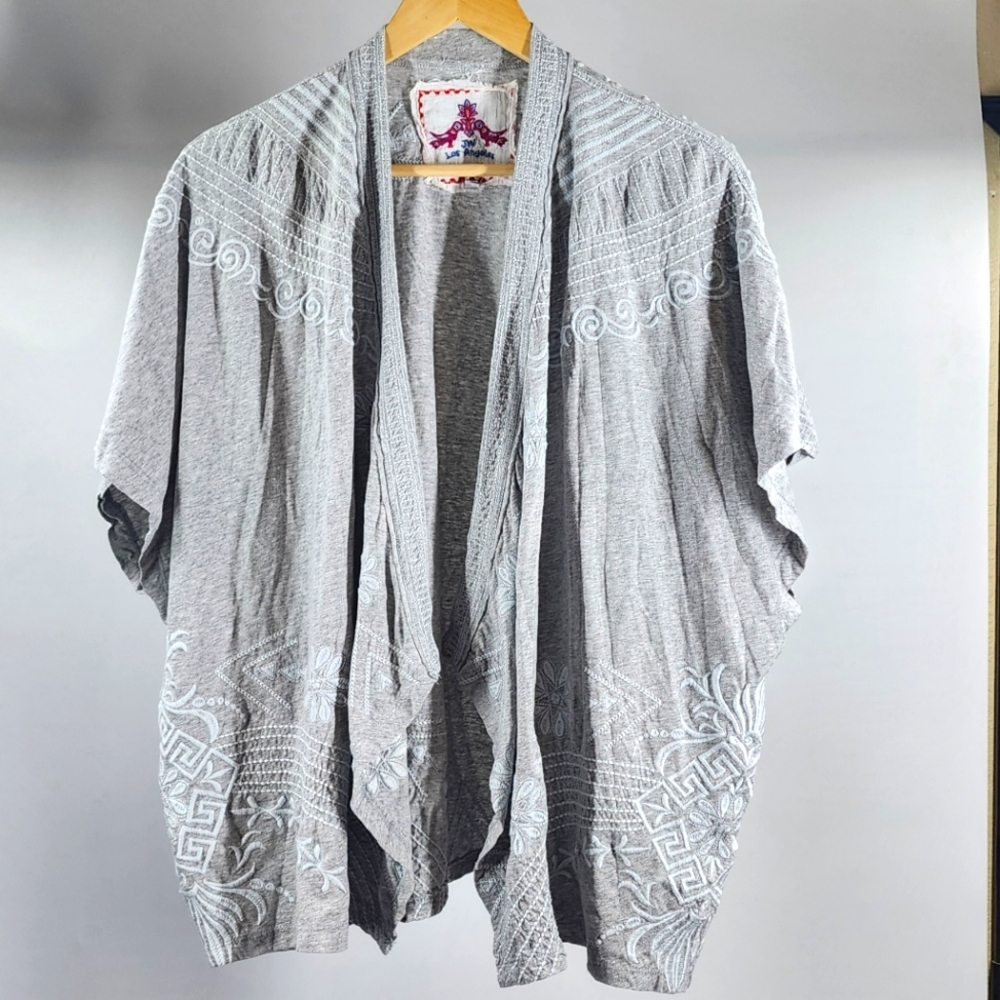 Johnny Was JWLA Short Sleeve Cotton Open Draped Cardigan Topper Embroidered S